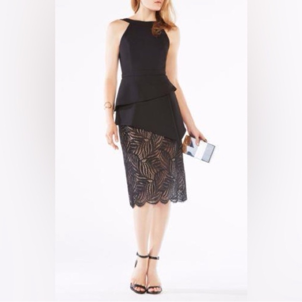EUC BCBGMaxAzria Reya Black Lace Peplum
Midi Dress Open Back Cocktail Formal 8